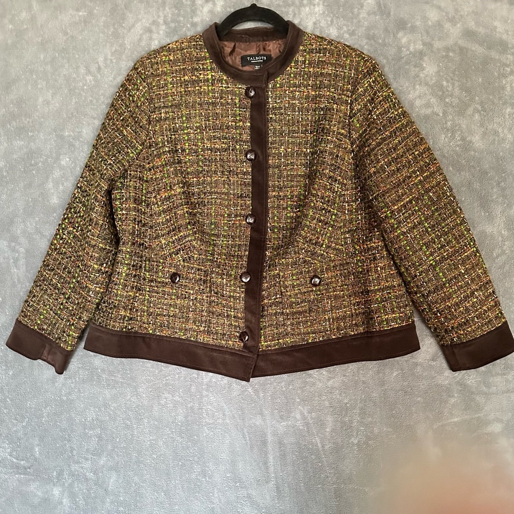 Talbots Brown Tweed blazer with chocolate velvet trim size 16 petite